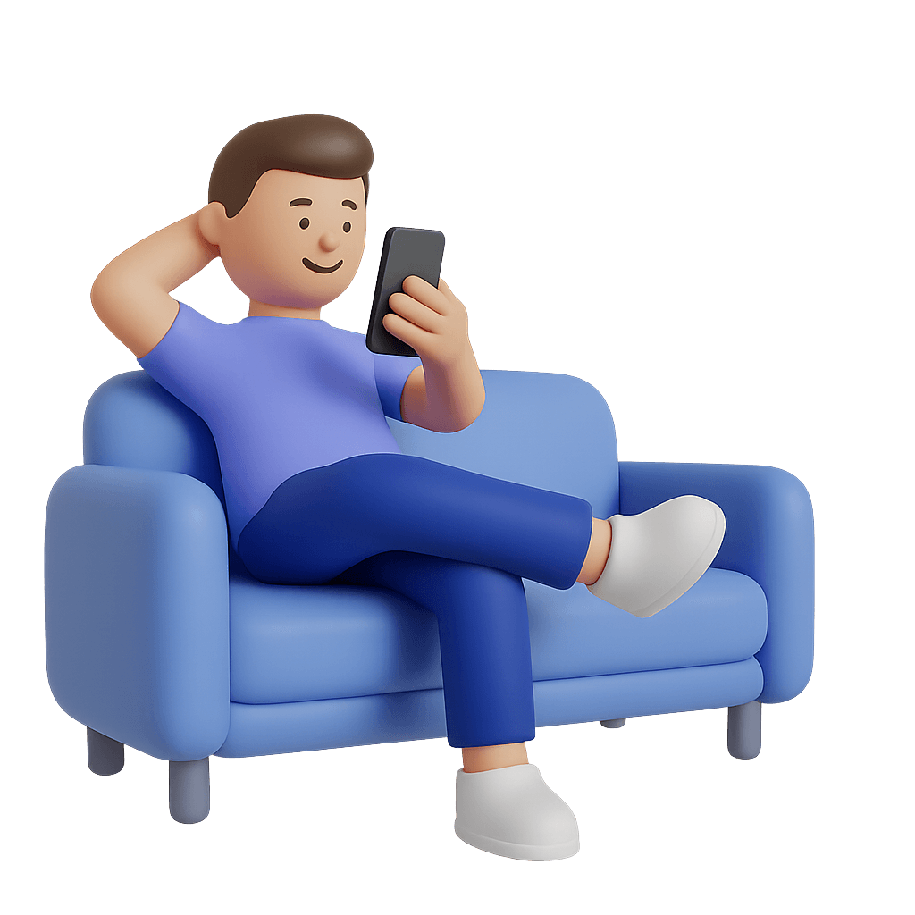 person on a sofa with a smartphone on his hand